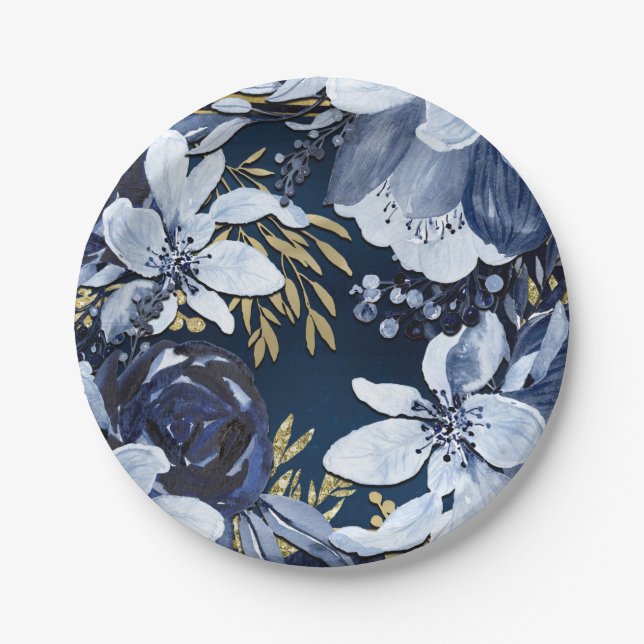 Assiettes En Carton Marine Bleu & Or Elégant Aquarelle Moderne Floral (Devant)