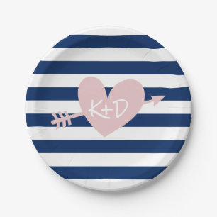 Assiettes En Carton Marine Bleu Stripes Coeur & Flèche Mariage nautiqu