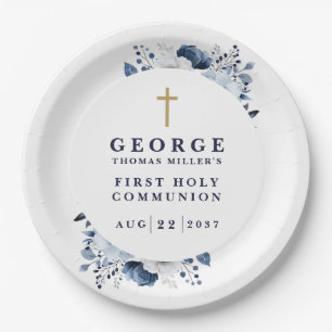 Assiettes En Carton Marine Bleue Botanique Moderne Première Communion 