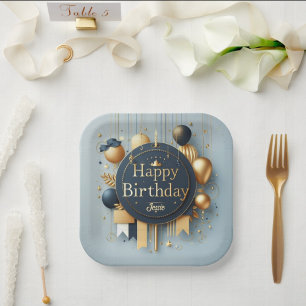 Assiettes En Carton Marine Blue & Gold Royal Crown Joyeux fête d'anniv
