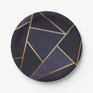 Assiettes En Carton Marine Blue Gold Triangles Géométrique Élégant Cla