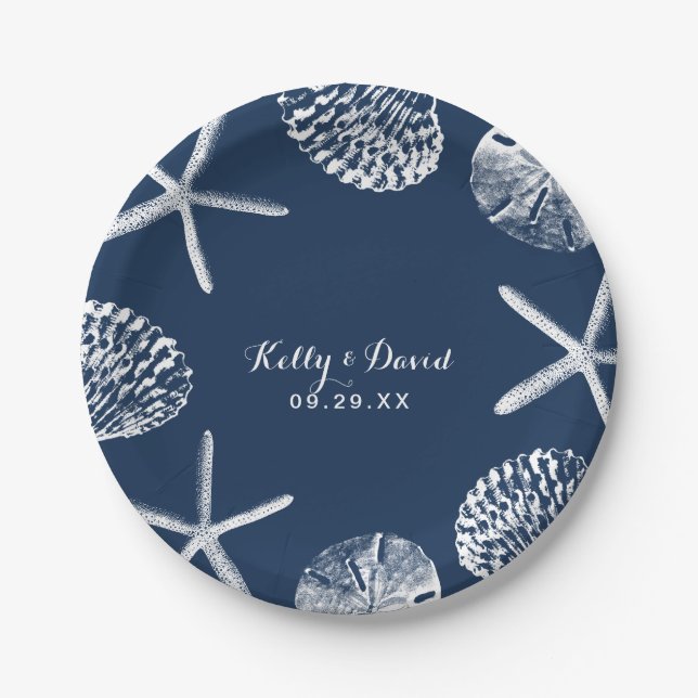 Assiettes En Carton Marine Blue Seashells Summer Beach Mariage (Devant)