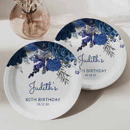 Assiettes En Carton Marine Blue Silver Floral 80e fête d'anniversaire
