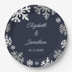 Assiettes En Carton Marine Blue Snowflakes Mariage d'hiver