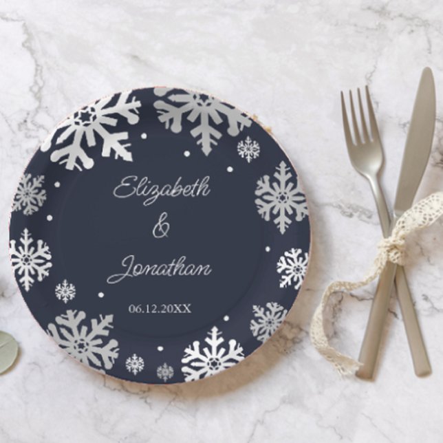 Assiettes En Carton Marine Blue Snowflakes Mariage d'hiver (Créateur téléchargé)