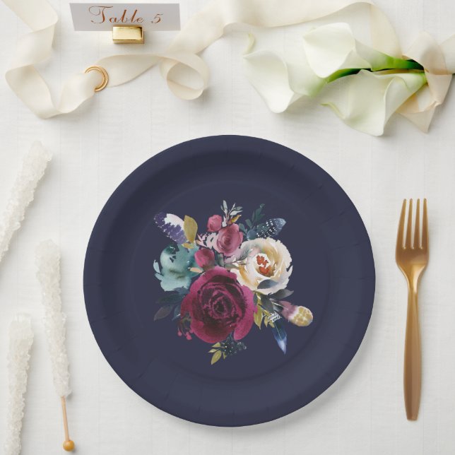 Assiettes En Carton Marine Burgundy Merlot Floral Mariage Dîner (Mariage)