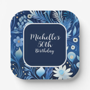 Assiettes En Carton Marine Dusty Blue Flowers 50e anniversaire