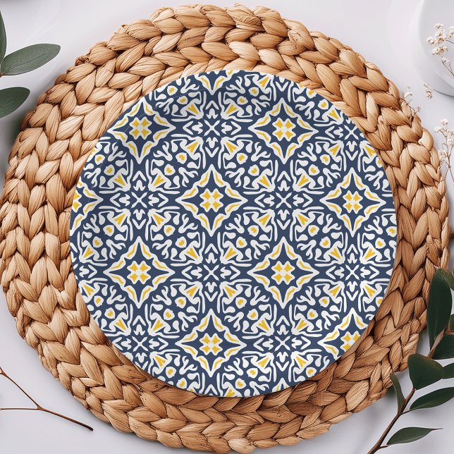 Assiettes En Carton Marine et Motif de tuiles méditerranéennes Jaunes (Créateur téléchargé)