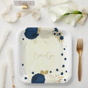 Assiettes En Carton Marine romantique & fleurs blanches or