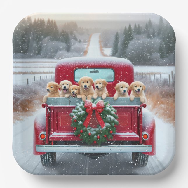 Assiettes En Carton Marionnettes Golden Retriever de Noël en camion (Recto)