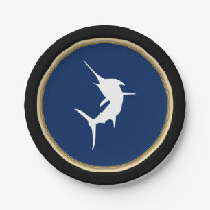 Assiettes En Carton Marlin blanc marine Silhouette sur bleu foncé