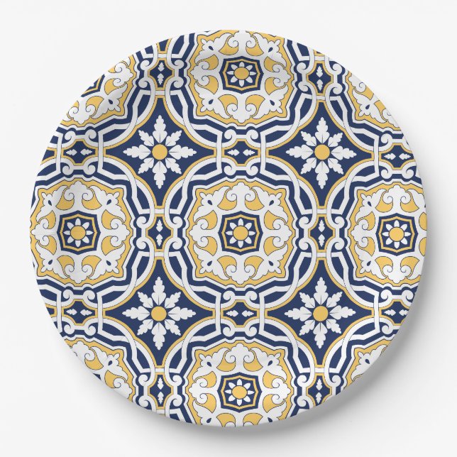 Assiettes En Carton Marocain bleu vif jaune complexe géométrique (Devant)