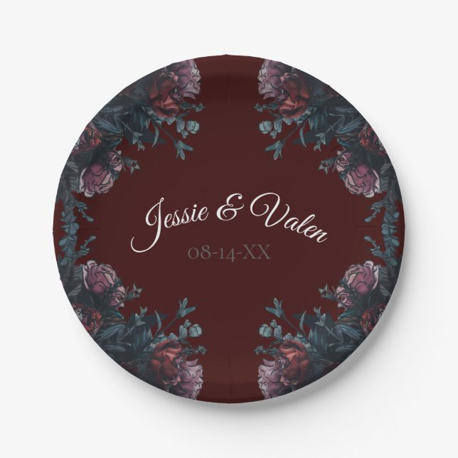 Assiettes En Carton Maron foncé automne Mariage floral (Devant)