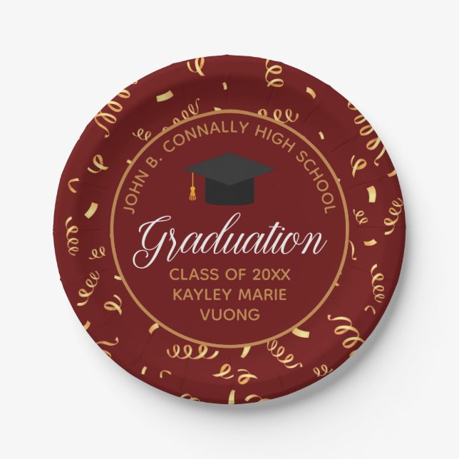 Assiettes En Carton Maroon Graduation Gold Streamers Custom 2025 Party (Devant)