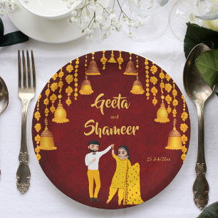 Assiettes En Carton Maroon mariage indien Haldi Mehndi Sangeet jaune