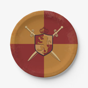 Assiettes En Carton Marron et Or Chevalier Royal Griffon Bouclier Fête