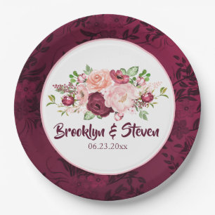 Assiettes En Carton Marsala et rose Aquarelle Peony Mariage-1