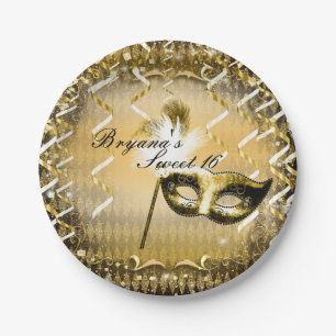 Assiettes En Carton Mascarade d'or Masque élégant bal Anniversaire