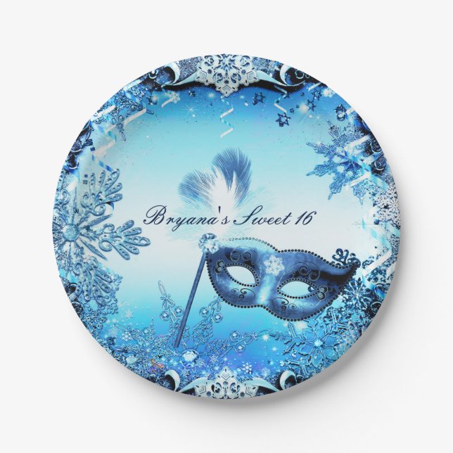 Assiettes En Carton Masque bleu hiver Mascarade Masque & Snowflakes Él (Devant)