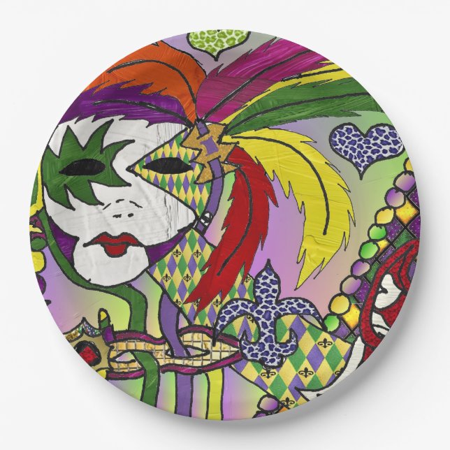 Assiettes En Carton Masque de plumes de Mardi Gras psychédélique (Devant)