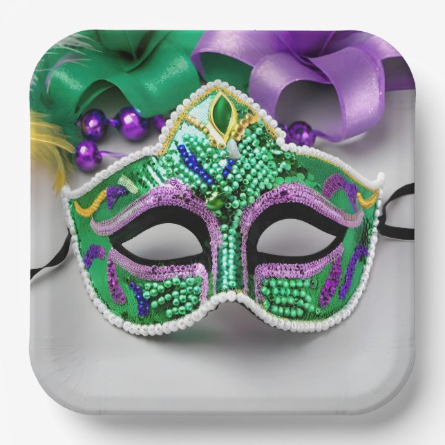 Assiettes En Carton Masque Et Perles Mardi Gras (Recto)