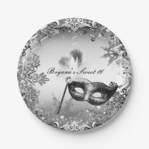 Assiettes En Carton Masque & Flocons de Neige Blanc Argenté Noir