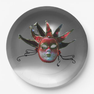 Assiettes En Carton MASQUE JESTER ROUGE NOIR, Fête Mascarade