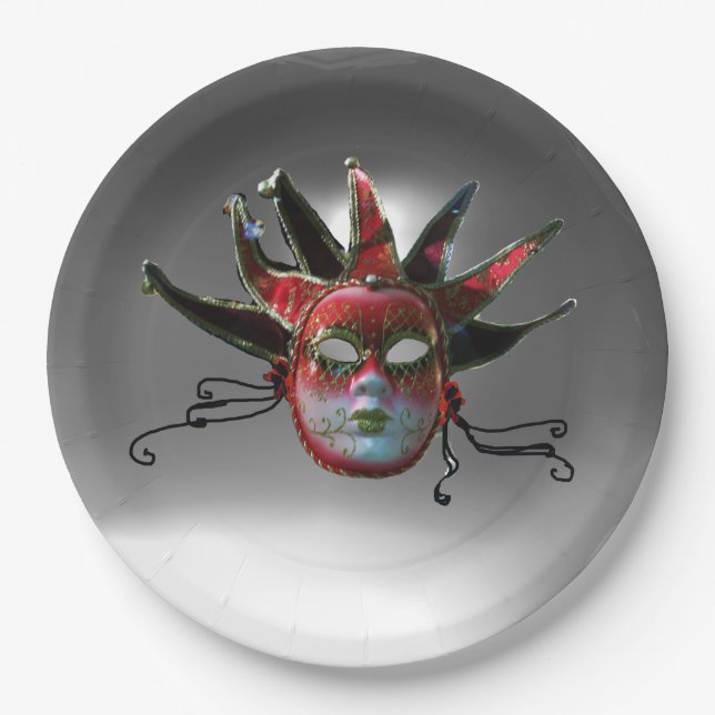 Assiettes En Carton MASQUE JESTER ROUGE NOIR, Fête Mascarade (Devant)