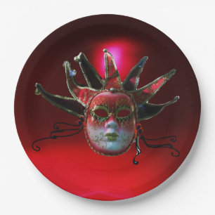 Assiettes En Carton MASQUE JESTER ROUGE NOIR, Fête Mascarade