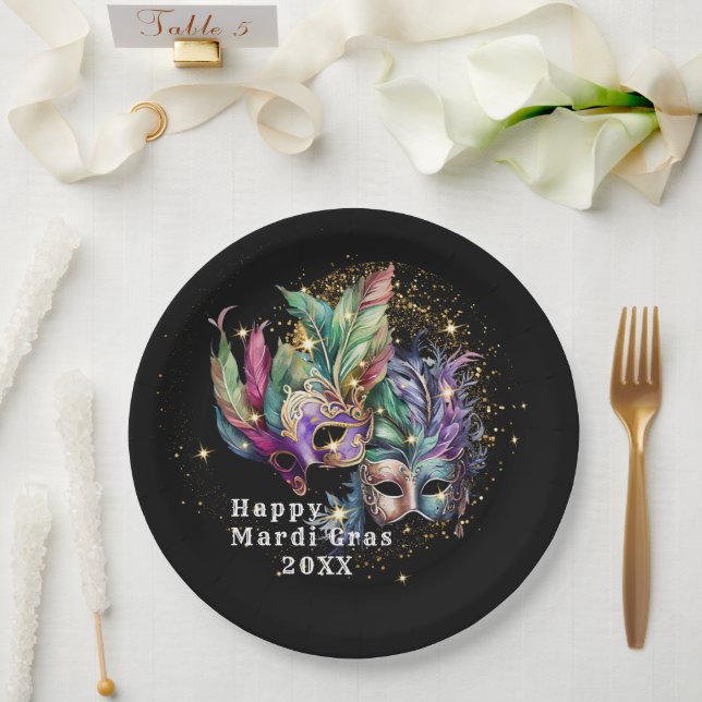 Assiettes En Carton Masque Mardi Gras (Mariage)