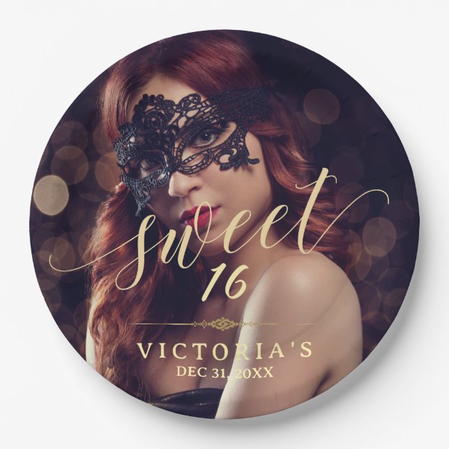 Assiettes En Carton Masquerade Photo Sweet 16 Anniversaire (Devant)