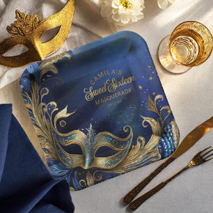 Assiettes En Carton Masquerade Sweet 16 Blue Gold ID1032