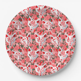 Assiettes En Carton Masques Kitsune et camélia fleurie sur rose