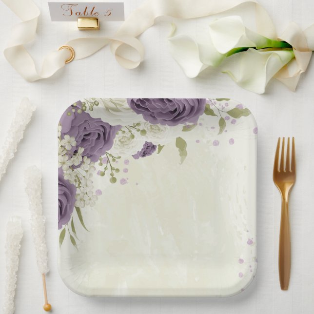 Assiettes En Carton mauve fleurs blanches verdure mariage (Mariage)