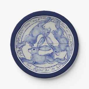 Assiettes En Carton Médaillon de trois lièvres bleu carreaux blancs