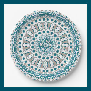 Assiettes En Carton Médaillon peint Motif en bleu et gris