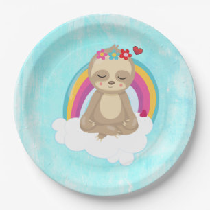 Assiettes En Carton Méditation de Sloth sur un nuage arc-en-ciel
