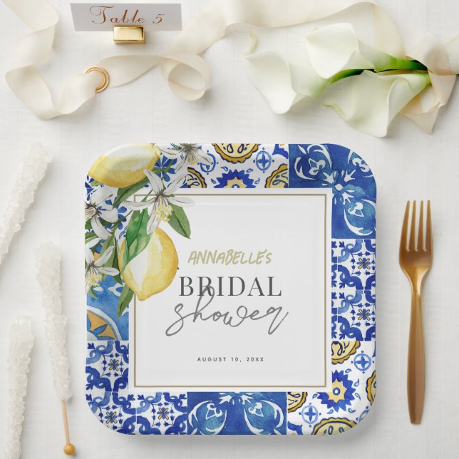 Assiettes En Carton Mediterranean Blue Carrelage Citron Mariage Shower (Mariage)