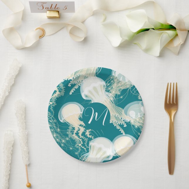 Assiettes En Carton Méduse En Bleu Océan Été Saison Monogramme (Mariage)