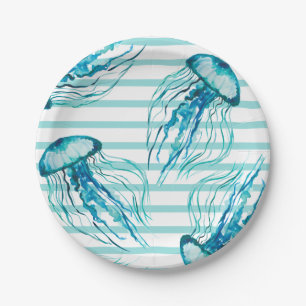 Assiettes En Carton Méduses d'aquarelle de rayures de Teal d'Aqua