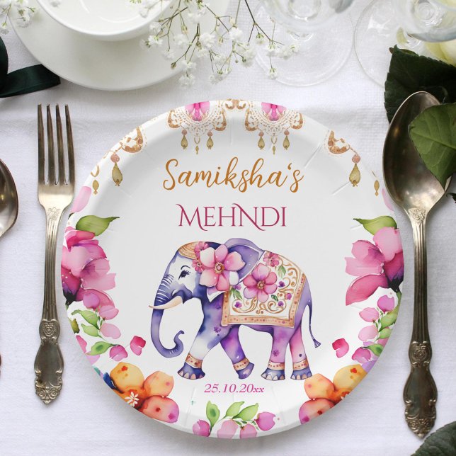 Assiettes En Carton Mehndi mariage indien orne la vaisselle aux élépha (Mehndi Indian wedding decorated elephant tableware personalized plates pink flowers elephant mehndi)