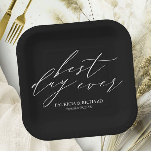 Assiettes En Carton Meilleur jour jamais Mariage élégant noir et blanc