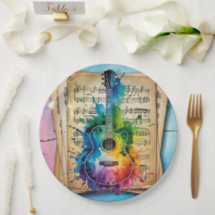 Assiettes En Carton Mélodie colorée : Guitare peinte sur musique Vinta
