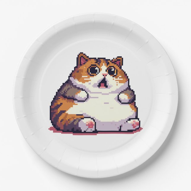 Assiettes En Carton Mème de chat gras orange choqué pixel art (Devant)
