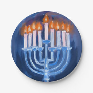 Assiettes En Carton Menorah Bleu Hanukkah Aquarelle Fête