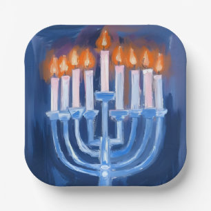 Assiettes En Carton Menorah Bleu Hanukkah Aquarelle Vacances