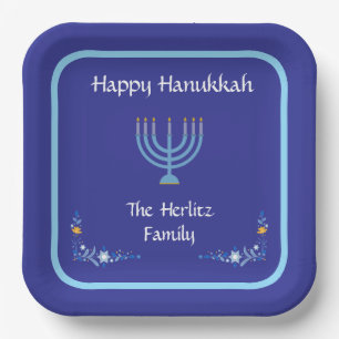 Assiettes En Carton Menorah de HANUKKA bleue Personnaliser NOM