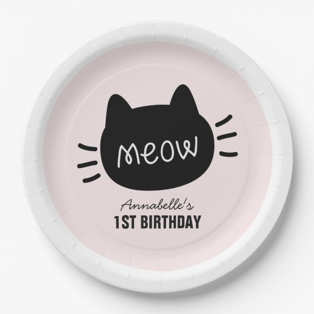 Assiettes En Carton Meow Chat noir visage rose fille Anniversaire (Devant)