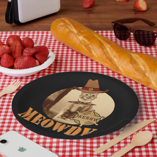 Assiettes En Carton Meowdy Texan Cat Cowboy Sheriff Personnalisé (Pique-nique)