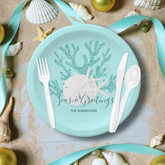 Assiettes En Carton Mer côtière et salutations Noël Plage Aqua Bleu (Créateur téléchargé)